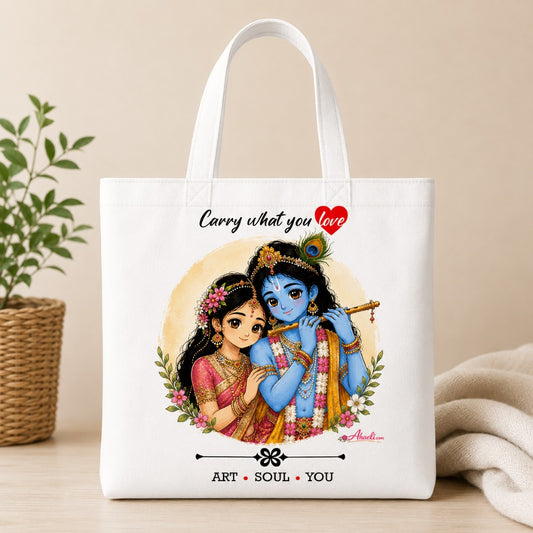 Radha Krishna Tote Bag featuring devotional artwork of Radha and Krishna on a white canvas tote.