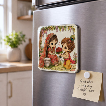 Radha Krishna fridge magnet displayed on a refrigerator