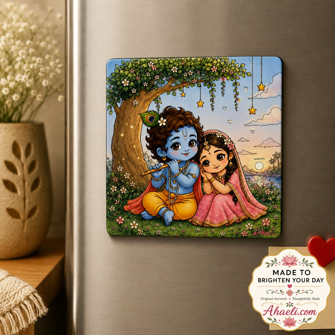 Radha Krishna Fridge Magnet featuring a cute illustration of Lord Krishna playing the flute beside Radha in a peaceful garden setting with divine love artwork.