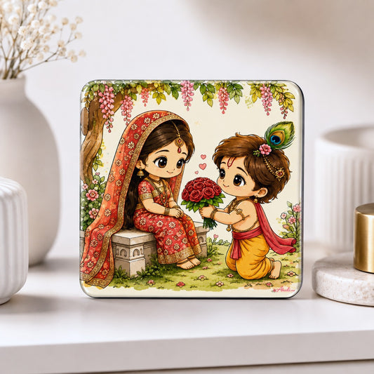 Radha Krishna handcrafted fridge magnet with colorful Indian art