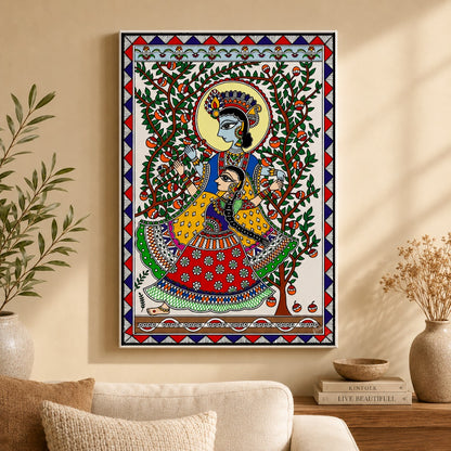 Traditional Radha Krishna Madhubani painting in Mithila art style with vibrant folk art patterns