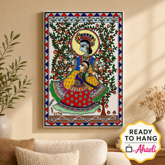 Traditional Radha Krishna Madhubani painting in Mithila art style with vibrant folk art patterns