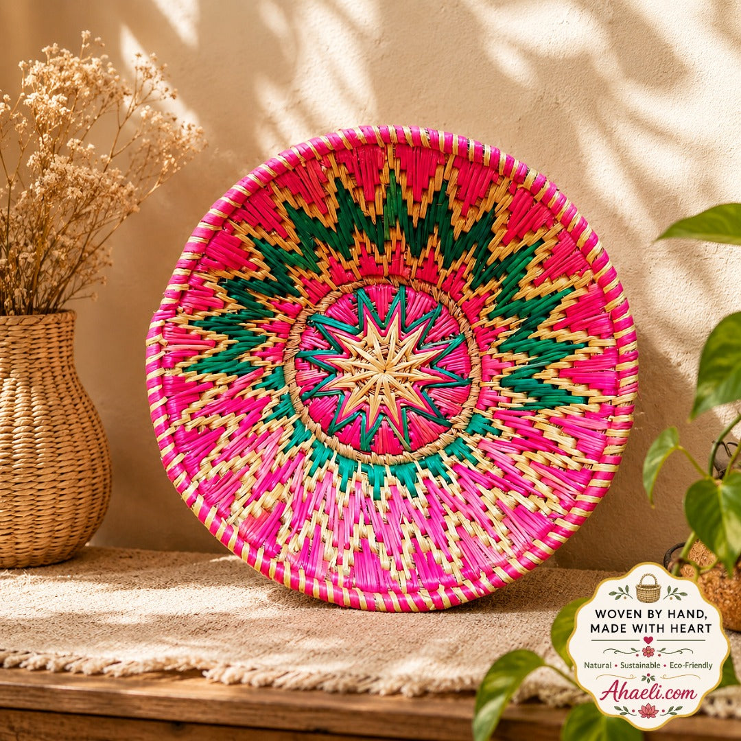Handcrafted Radiant Bloom Sikki grass decorative bowl basket with colorful floral woven design for boho wall and table décor