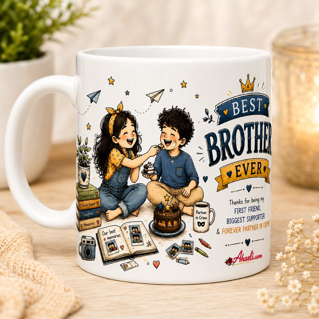 Raksha Bandhan Best Brother Ever Coffee Mug featuring a heartwarming brother and sister illustration with festive Rakhi artwork on a white ceramic mug.
