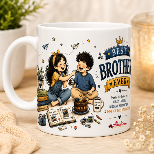 Raksha Bandhan Best Brother Ever Coffee Mug featuring a heartwarming brother and sister illustration with festive Rakhi artwork on a white ceramic mug.