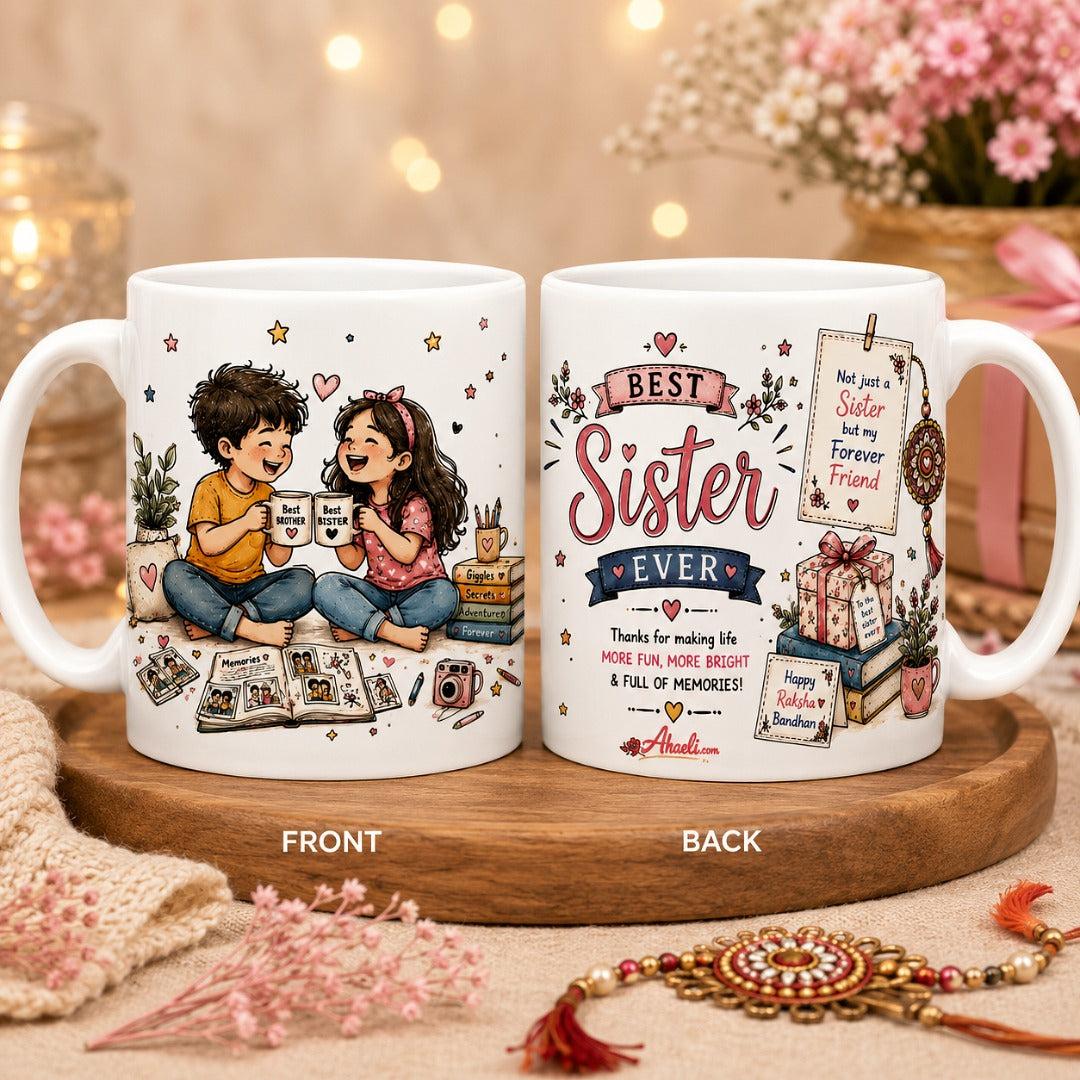 Front and back view of the Raksha Bandhan Best Sister Ever Coffee Mug featuring a heartwarming brother and sister illustration with festive Rakhi artwork on a white ceramic mug.