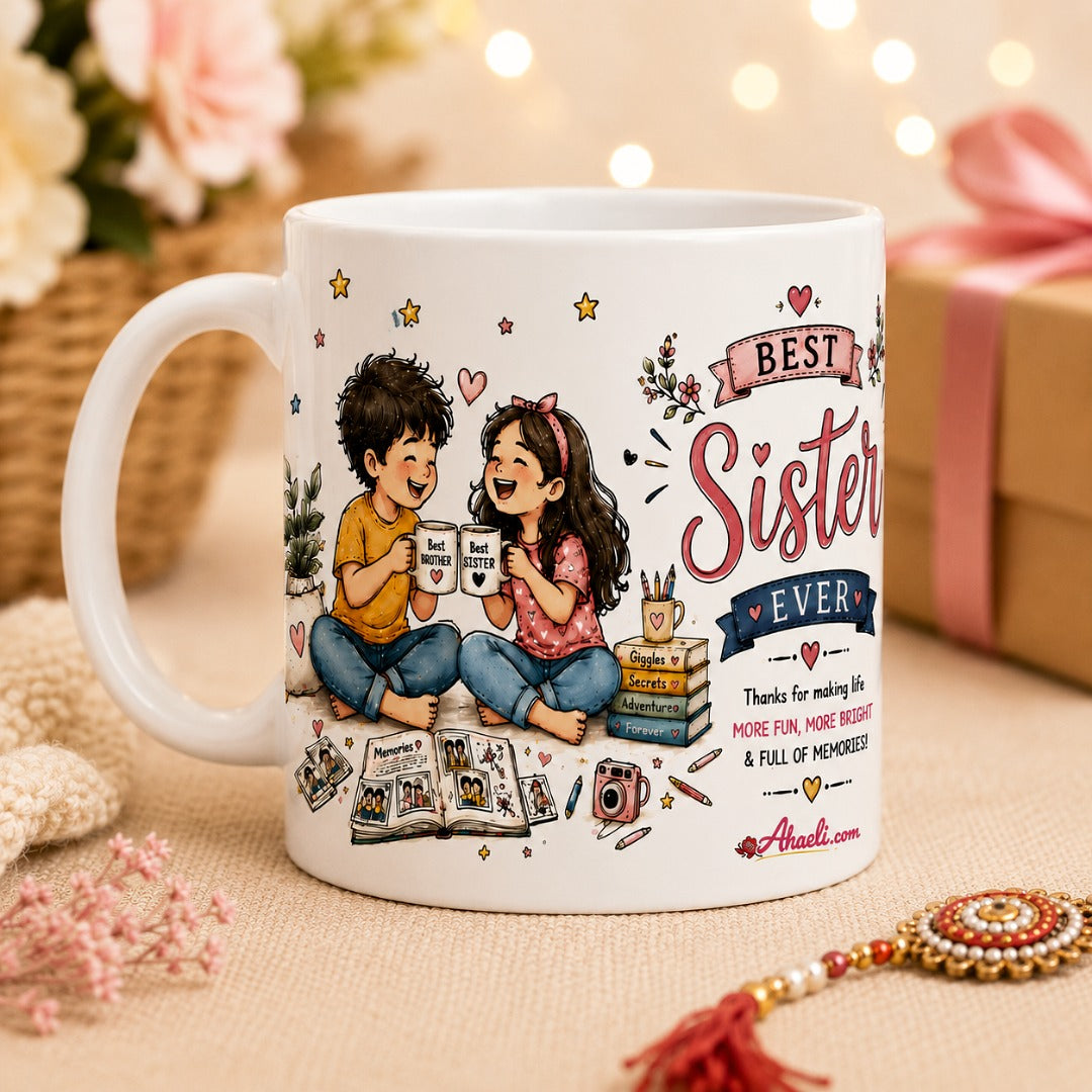 Raksha Bandhan Best Sister Ever Coffee Mug featuring a heartwarming brother and sister illustration with festive Rakhi artwork on a white ceramic mug.