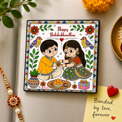 Handmade Raksha Bandhan fridge magnet with Madhubani-inspired brother and sister artwork, perfect Rakhi gift and festive kitchen decor.