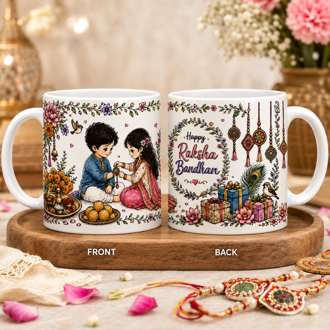 Front and back view of the Raksha Bandhan Sibling Love Coffee Mug featuring a sister tying rakhi to her brother, festive floral artwork, Happy Raksha Bandhan design, gift boxes, and traditional decorations on a white ceramic mug.