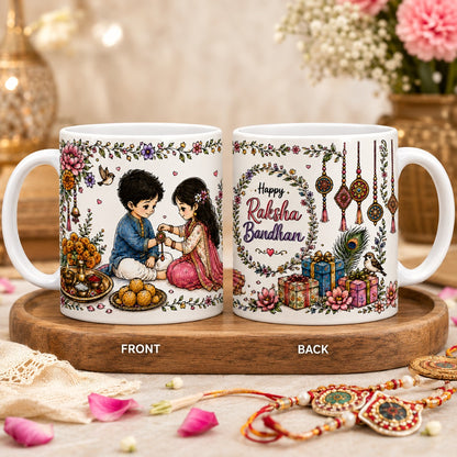 Front and back view of the Raksha Bandhan Sibling Love Coffee Mug featuring a sister tying rakhi to her brother, festive floral artwork, Happy Raksha Bandhan design, gift boxes, and traditional decorations on a white ceramic mug.