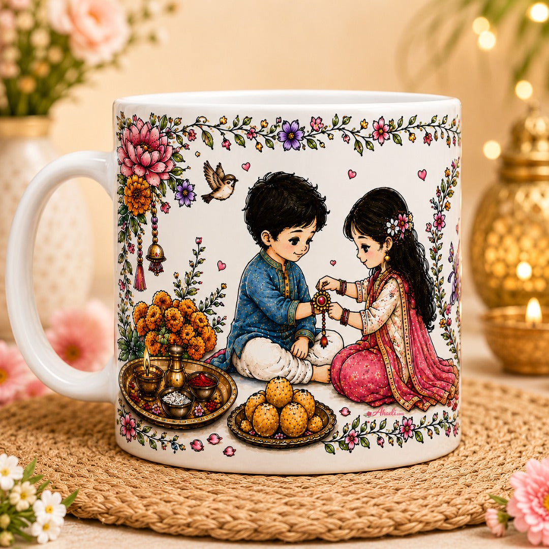 Raksha Bandhan Sibling Love Coffee Mug featuring a sister tying rakhi to her brother with festive floral artwork, gifts, sweets, and Happy Raksha Bandhan design on a white ceramic mug.