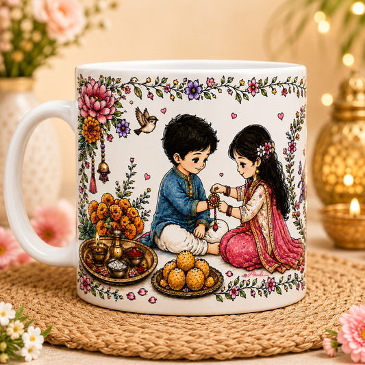 Raksha Bandhan Sibling Love Coffee Mug featuring a sister tying rakhi to her brother with festive floral artwork, gifts, sweets, and Happy Raksha Bandhan design on a white ceramic mug.