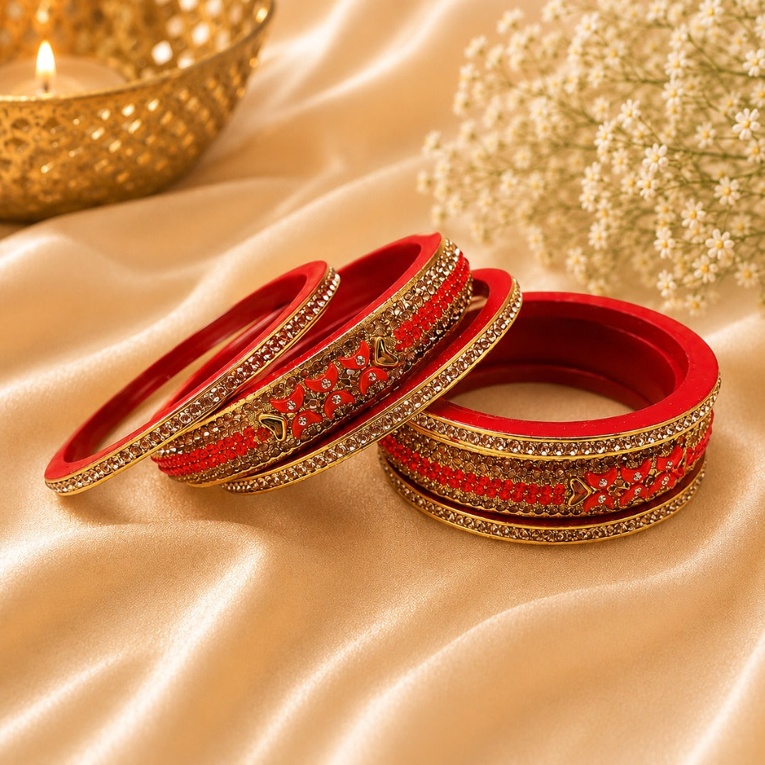 Red traditional bangle set for women with stone work detailing, ideal for weddings, bridal wear, festivals, and ethnic celebrations.