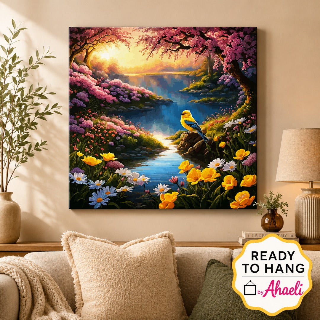 Riverside bird painting featuring a colorful bird perched beside a flowing stream surrounded by blooming flowers, lush greenery, and a serene nature landscape.