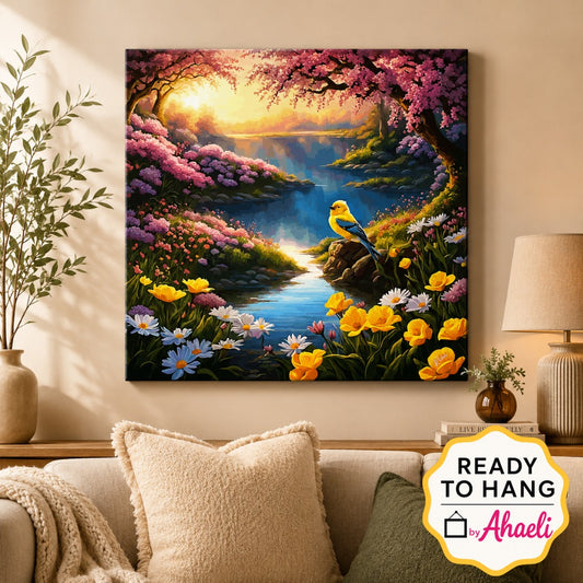 Riverside bird painting featuring a colorful bird perched beside a flowing stream surrounded by blooming flowers, lush greenery, and a serene nature landscape.