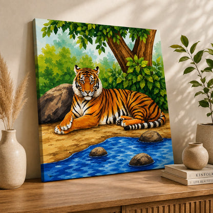 Tiger canvas painting depicting a majestic Bengal tiger resting beside a river in a lush green forest