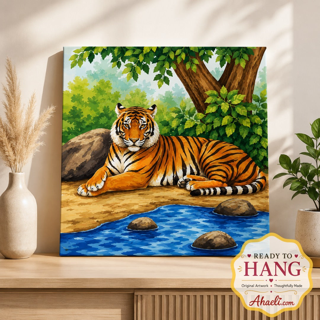 Riverside Majesty tiger painting featuring a majestic tiger beside a jungle river