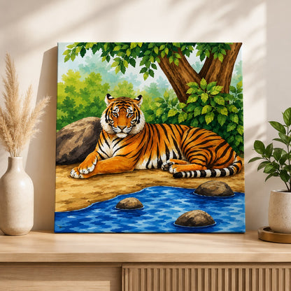 Riverside Majesty tiger painting featuring a majestic tiger beside a jungle river