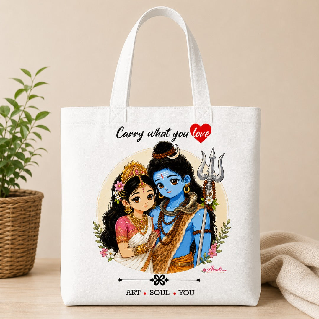 Shiv Parvati Tote Bag featuring devotional artwork of Lord Shiva and Goddess Parvati on a white canvas tote.