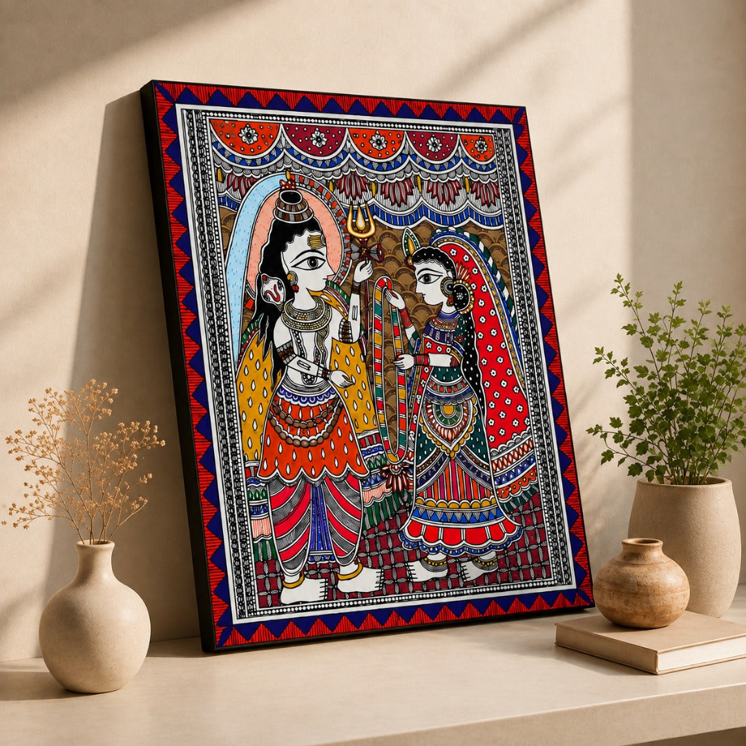 Shiv Parvati Madhubani painting on canvas featuring traditional Mithila art