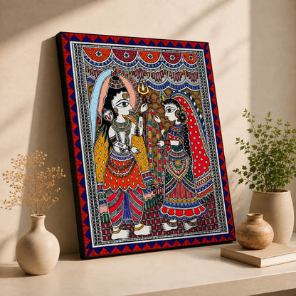 Shiv Parvati Madhubani painting on canvas featuring traditional Mithila art
