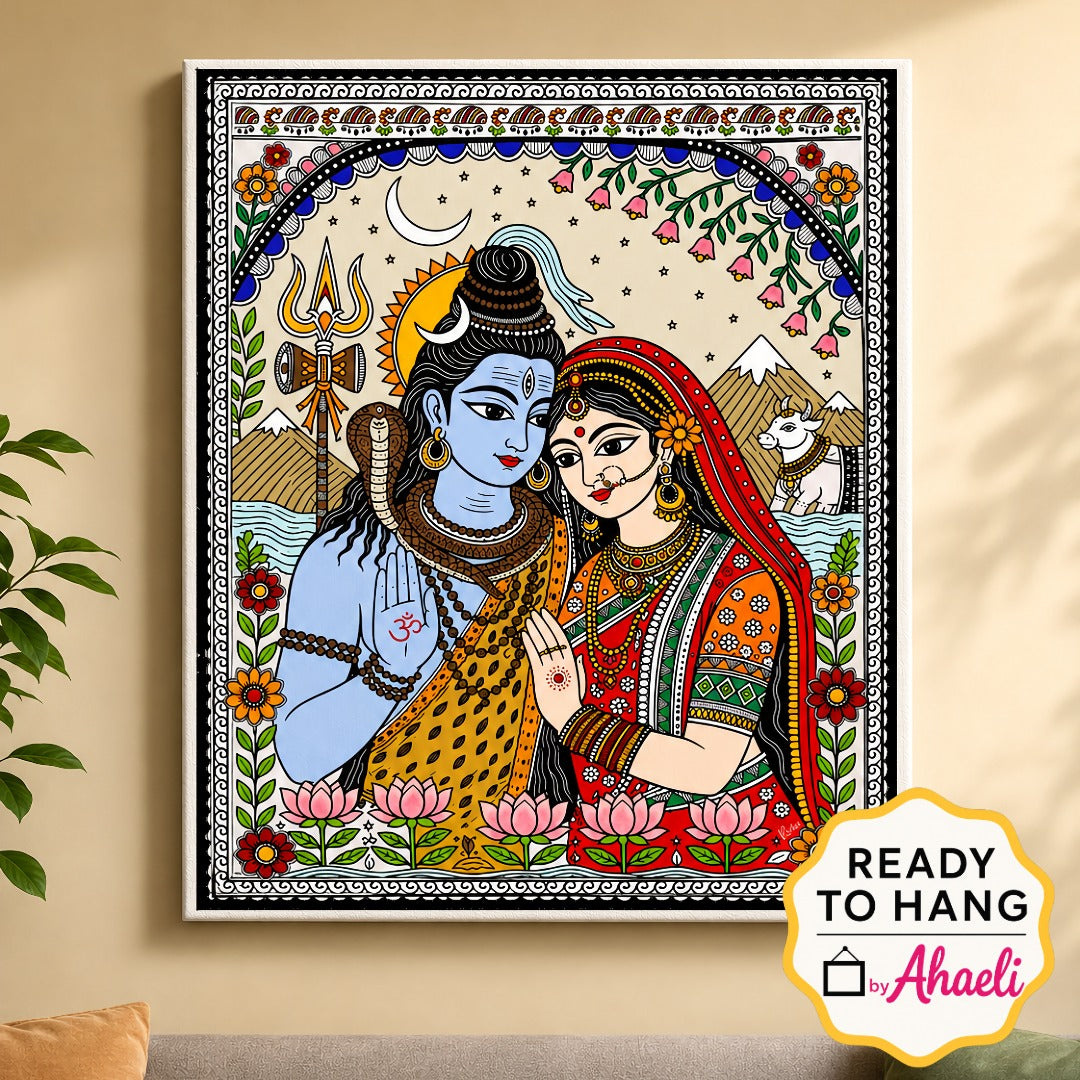 Lord Shiva and Goddess Parvati Madhubani style canvas wall art featuring traditional Indian folk painting with floral borders and spiritual decor.