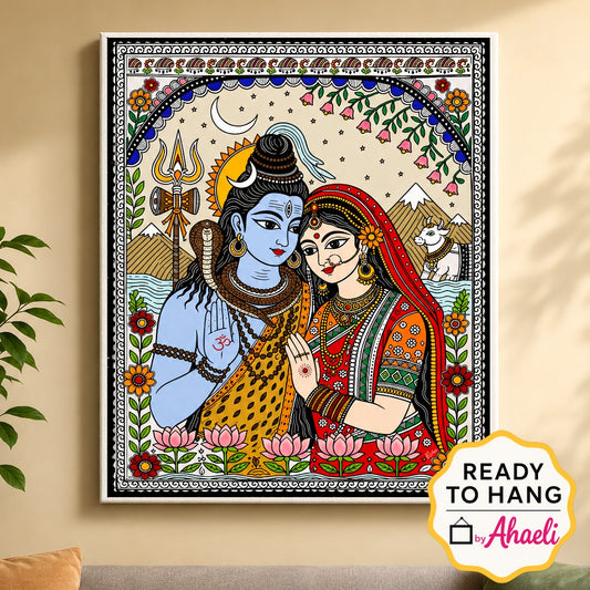 Lord Shiva and Goddess Parvati Madhubani style canvas wall art featuring traditional Indian folk painting with floral borders and spiritual decor.