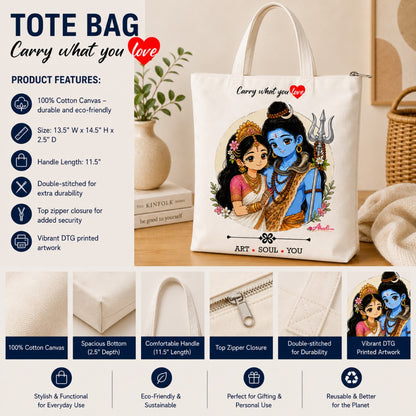 Shiv Parvati Tote Bag product features showcasing cotton canvas material, zipper closure, durable handles, and devotional artwork.