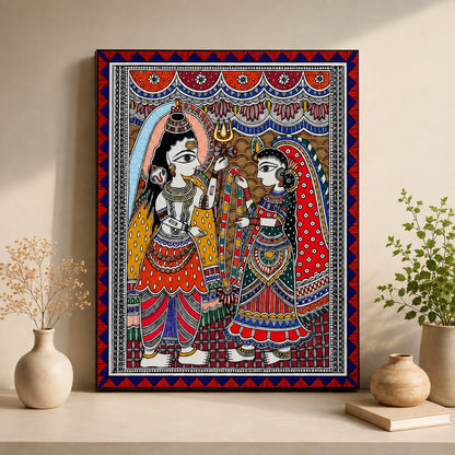 Shiv Parvati Vivah Madhubani Painting depicting the divine wedding of Lord Shiva and Goddess Parvati in traditional Mithila folk art style.