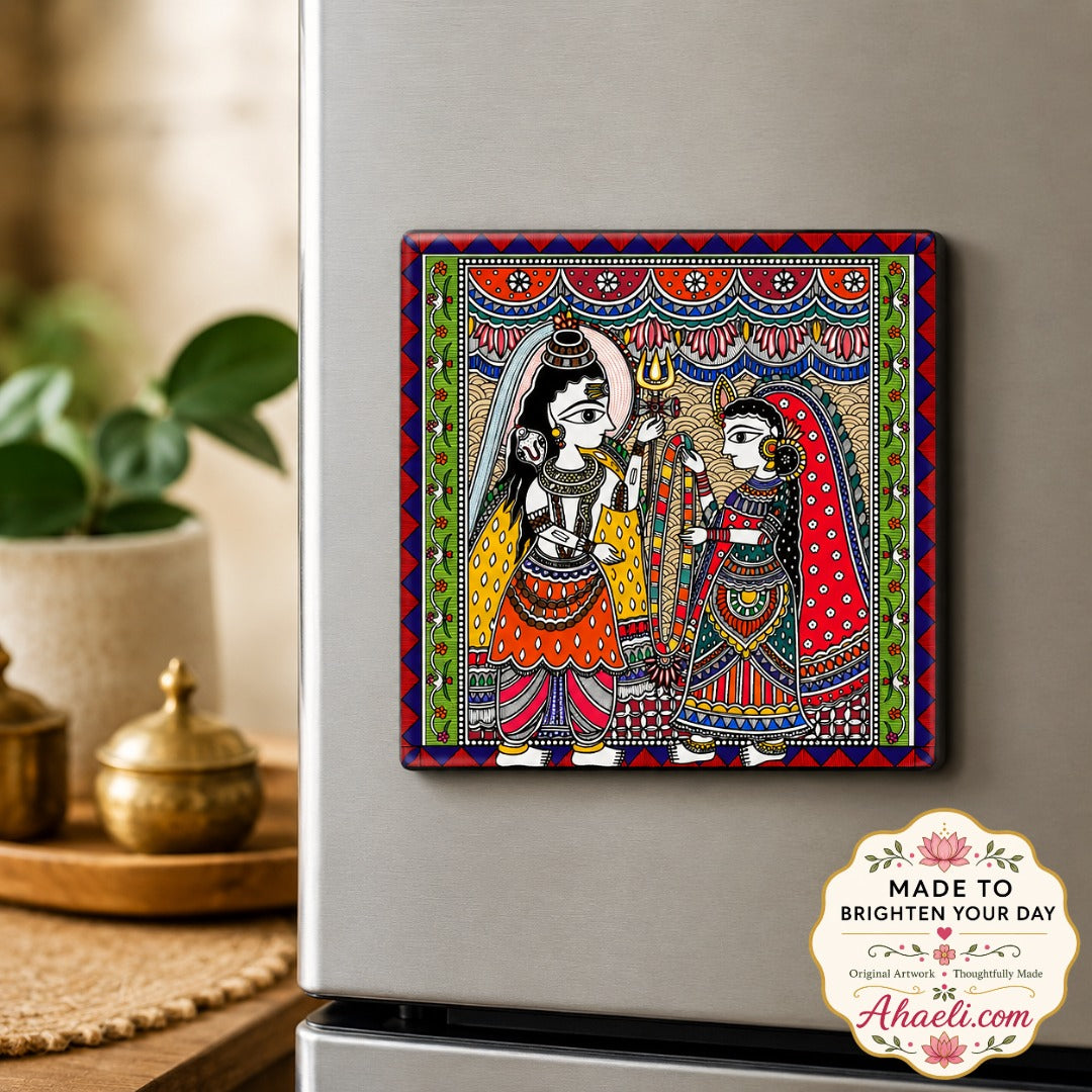 Shiv Parvati Vivah fridge magnet featuring traditional Mithila folk painting with vibrant Madhubani art depicting the sacred wedding of Lord Shiva and Goddess Parvati.
