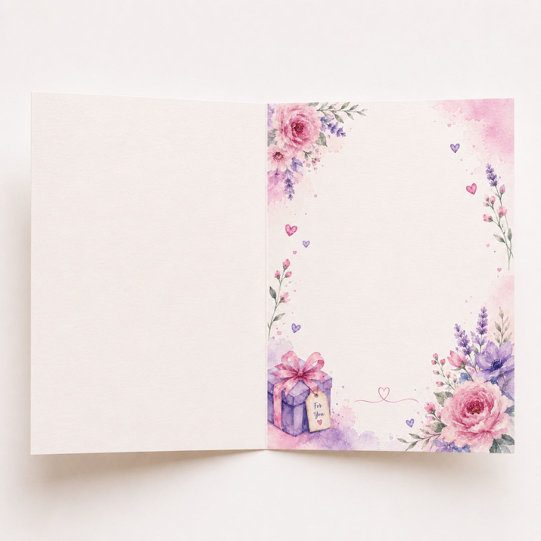 Inside view of floral birthday card for sister