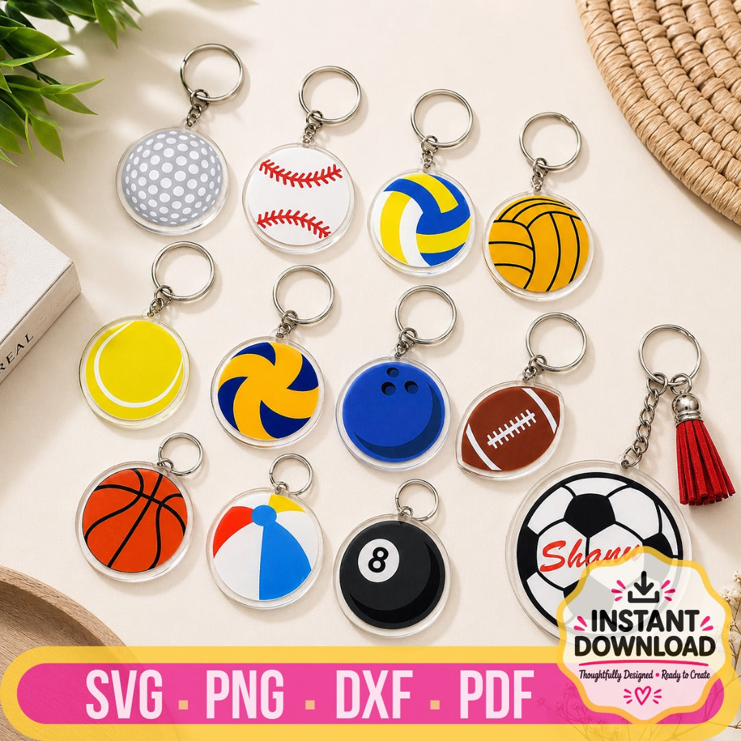 Twelve round acrylic sports ball keychain designs featuring golf, baseball, volleyball, tennis, basketball, bowling, football, soccer, beach ball, billiard 8-ball, and personalized soccer ball SVG, PNG, DXF, and PDF files for Cricut, laser cutting, and DIY keychain crafts.