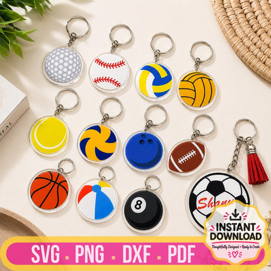 Twelve round acrylic sports ball keychain designs featuring golf, baseball, volleyball, tennis, basketball, bowling, football, soccer, beach ball, billiard 8-ball, and personalized soccer ball SVG, PNG, DXF, and PDF files for Cricut, laser cutting, and DIY keychain crafts.