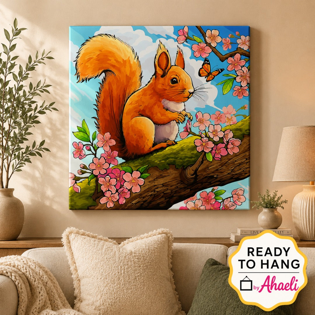Cute squirrel sitting on a tree branch surrounded by pink blossoms and a butterfly, nature wildlife art canvas painting for home décor.