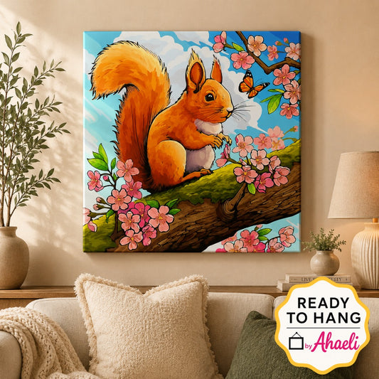 Cute squirrel sitting on a tree branch surrounded by pink blossoms and a butterfly, nature wildlife art canvas painting for home décor.