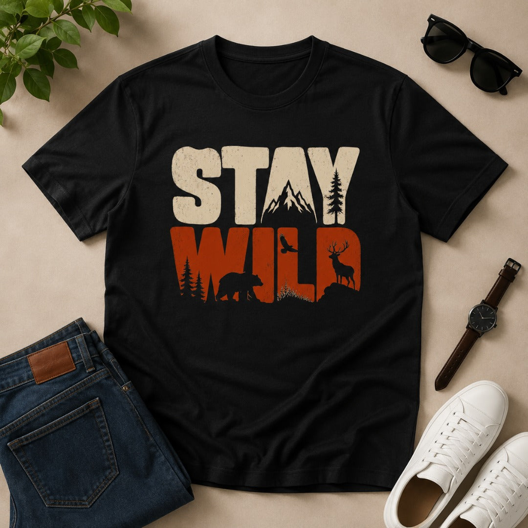 Men's black cotton T-shirt featuring a Stay Wild graphic with mountains, bear, deer, pine trees, and bird silhouettes in a vintage wildlife design.