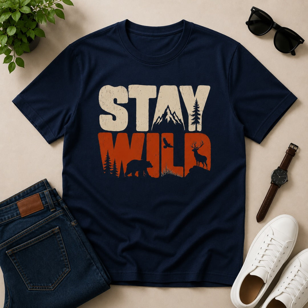 Men's navy blue cotton T-shirt featuring a Stay Wild graphic with mountains, bear, deer, pine trees, and bird silhouettes in a vintage wildlife design.