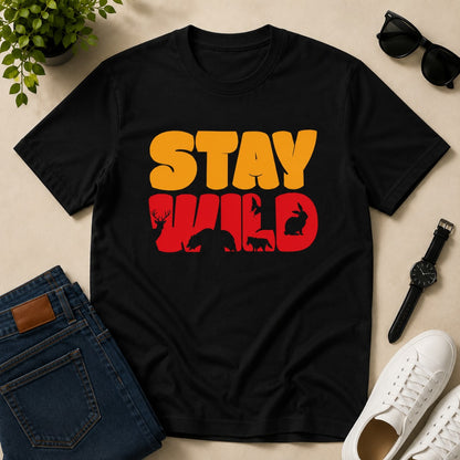 Men's black cotton T-shirt featuring a Stay Wild graphic with bear, deer, fox, rabbit, and bird silhouettes in a vintage wildlife design.