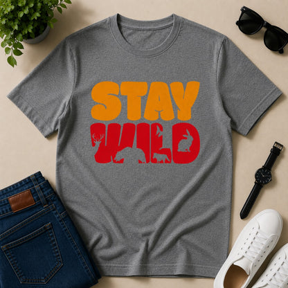 Men's charcoal melange cotton T-shirt featuring a Stay Wild graphic with bear, deer, fox, rabbit, and bird silhouettes in a vintage wildlife design.