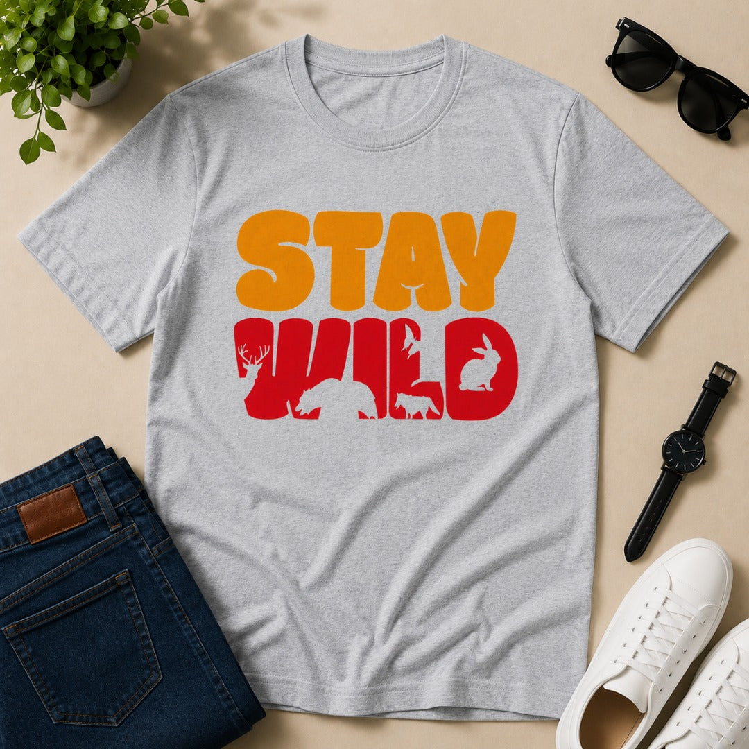 Men's gray melange cotton T-shirt featuring a Stay Wild graphic with bear, deer, fox, rabbit, and bird silhouettes in a vintage wildlife design.