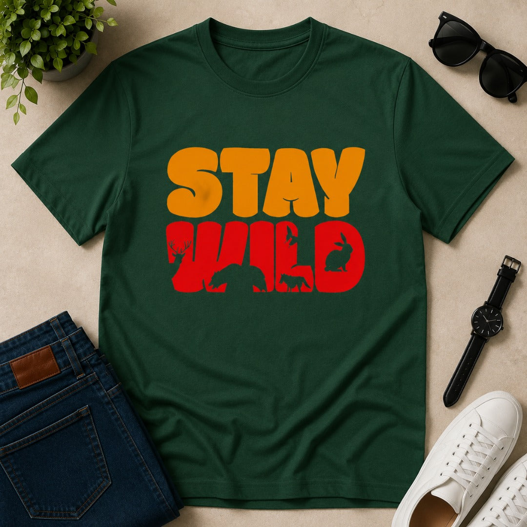 Men's bottle green cotton T-shirt featuring a Stay Wild graphic with bear, deer, fox, rabbit, and bird silhouettes in a vintage wildlife design.