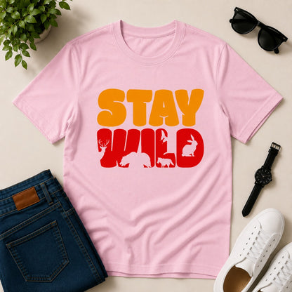 Men's light pink cotton T-shirt featuring a Stay Wild graphic with bear, deer, fox, rabbit, and bird silhouettes in a vintage wildlife design.