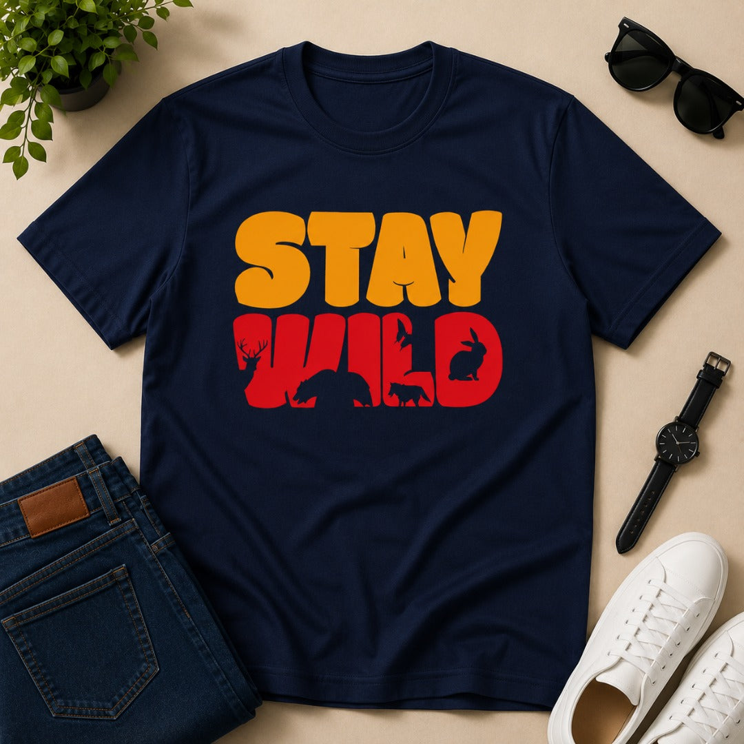 Men's navy blue cotton T-shirt featuring a Stay Wild graphic with bear, deer, fox, rabbit, and bird silhouettes in a vintage wildlife design.