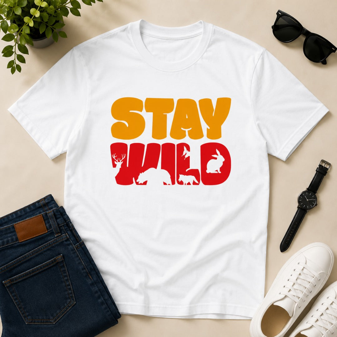 Men's white cotton T-shirt featuring a Stay Wild graphic with bear, deer, fox, rabbit, and bird silhouettes in a vintage wildlife design.