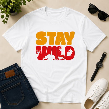 Men's white cotton T-shirt featuring a Stay Wild graphic with bear, deer, fox, rabbit, and bird silhouettes in a vintage wildlife design.