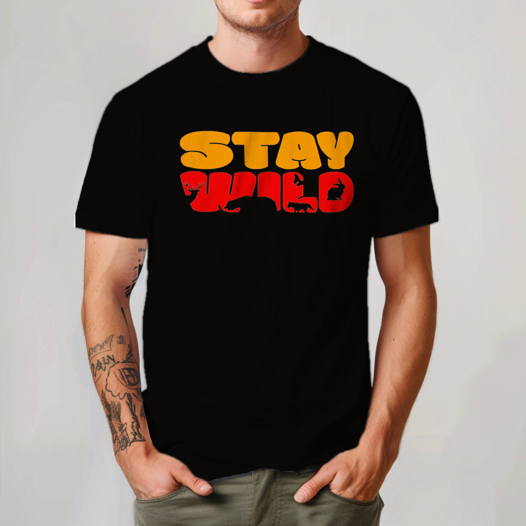 Stay Wild men's cotton t-shirt in black featuring an animal and wildlife graphic design