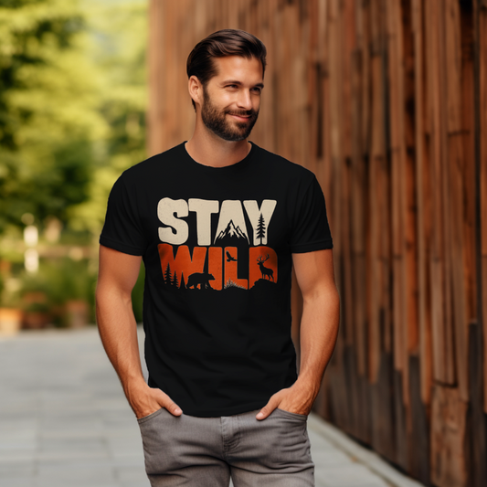 Stay Wild men's cotton t-shirt in black featuring a wildlife-inspired graphic design
