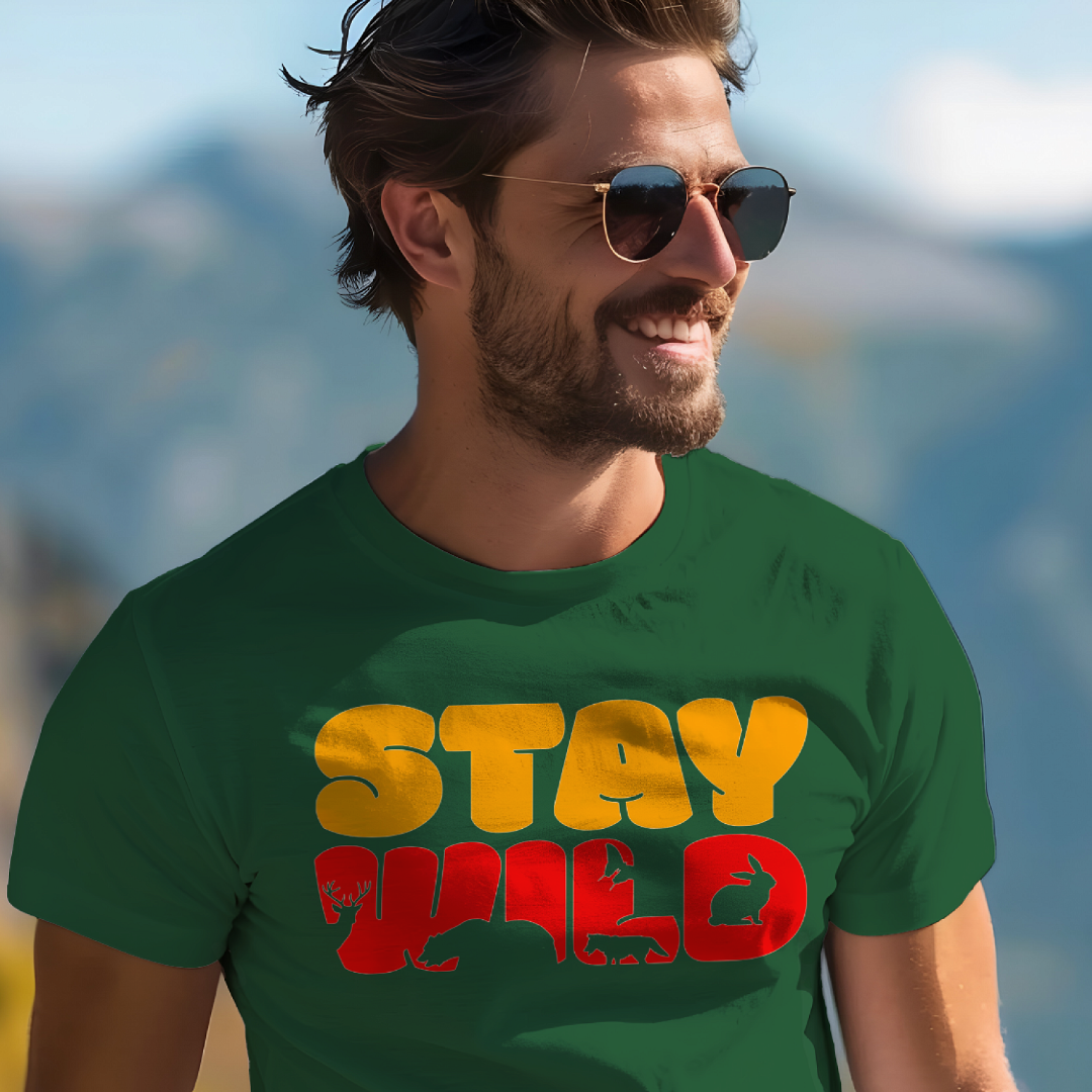 Stay Wild men's cotton t-shirt in bottle green with a nature and wildlife themed graphic