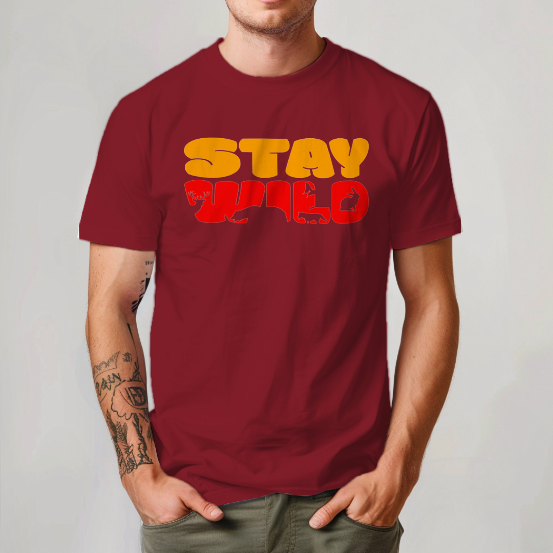 Stay Wild men's cotton t-shirt in brick red featuring a bold wildlife graphic design