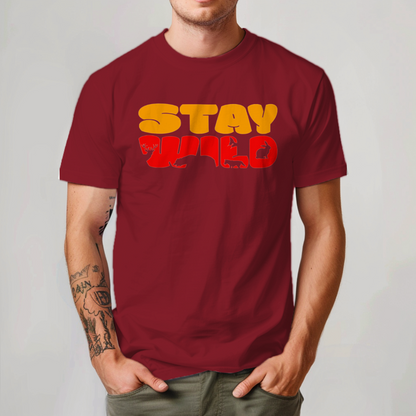 Stay Wild men's cotton t-shirt in brick red featuring a bold wildlife graphic design